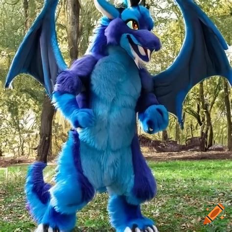 Fursuit Blue anthro dragon with wings and gold horns and dark blue