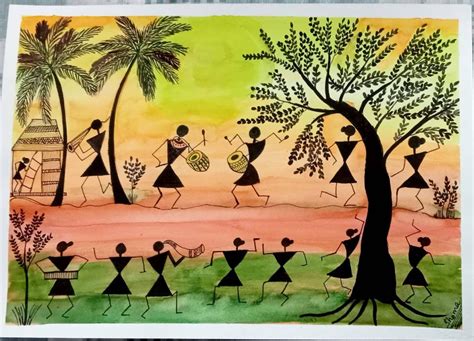 indian folk art warli painting water colour ink original