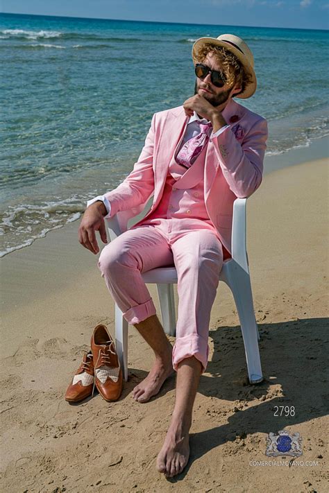 Traje de novio rosa en original tejido de puro lino corte slimfit 2798