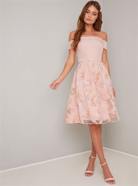 Bardot Fitted Bodice Embroidered Midi Dress in Pink | Embroidered midi ...