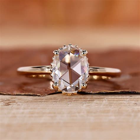 oval rose cut diamond engagement ring milgrain setting