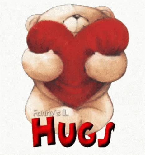 a teddy bear holding a heart with the words hugs on it