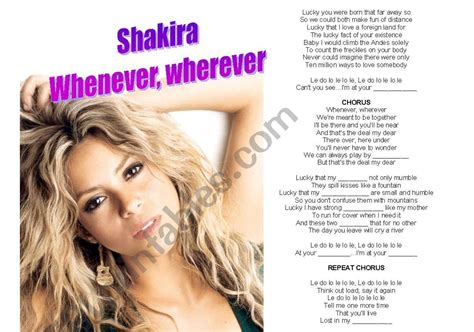 Shakira - Whenever, wherever - ESL worksheet by fabianorizzo