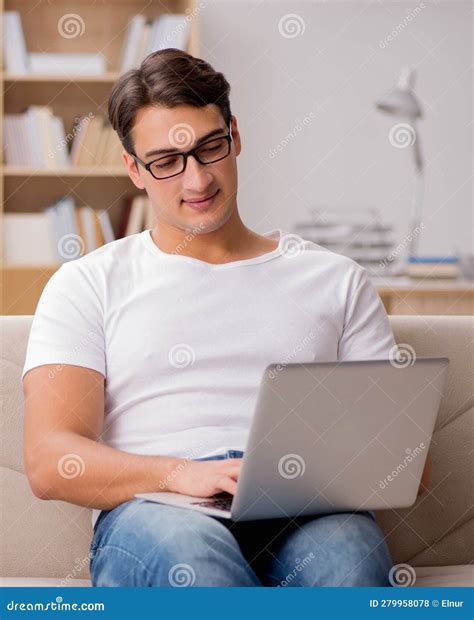 Man Working Sitting in Couch Sofa Stock Photo - Image of homeworking ...