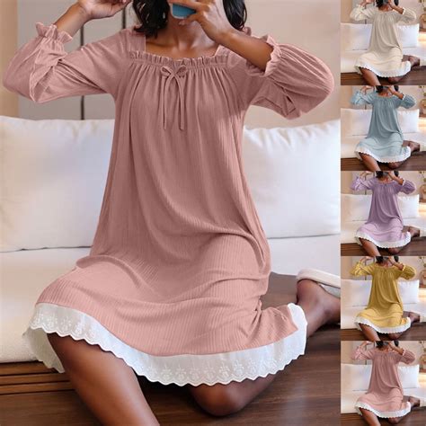 Aboser Women's Ribbed Nightgown with Long Sleeve Trendy Lace Trim
