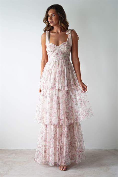 maribella tulle floral maxi dress cream   uk formal dresses