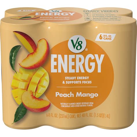V8 +Energy Peach Mango Juice Energy Drink, Fruit Pack, 6 Count, 8 fl oz
