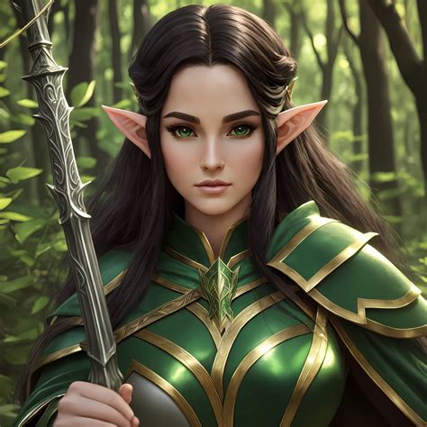 hermosa elfa del bosque, cara cercana, cuerpo hermoso, pelo negro