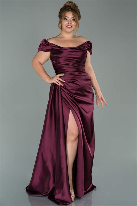 Melissa Plus Size Plum Off Shoulder Straps Gown with Slit and Train