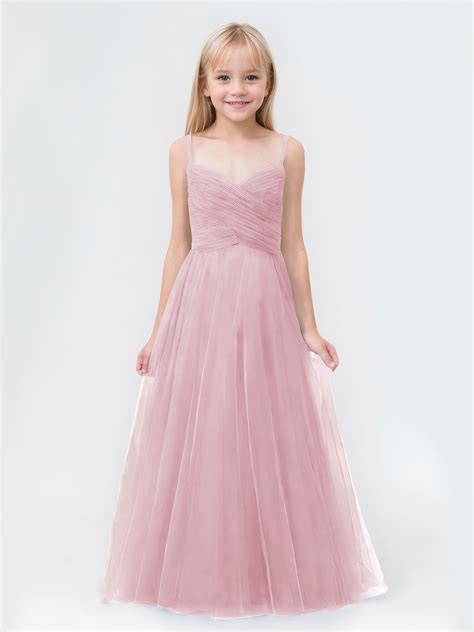 A-Line V Neck Floor Length Tulle Junior Bridesmaid Dresses