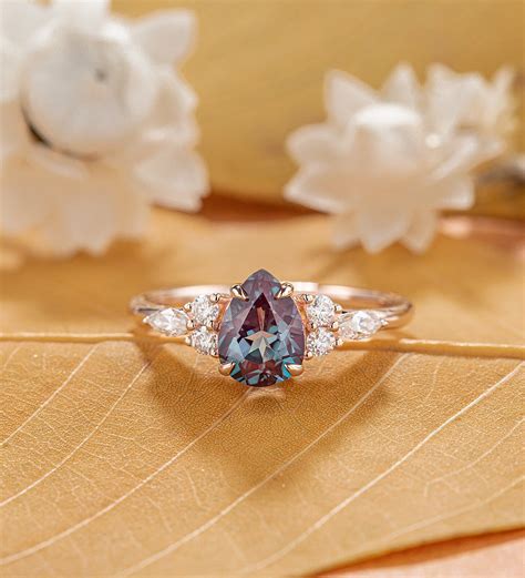 Pear shaped lab alexandrite ring, Rose gold moissanite engagement ring
