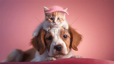 猫趴在狗的头上高清摄影大图-千库网