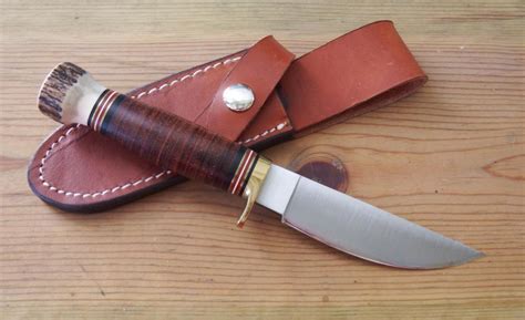 MARBLE'S PLAINSMAN KNIFE, Stacked Leather Handle/Stag Pommel, Made in USA