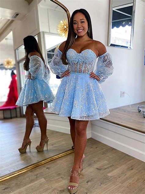 Short Light Blue Lace Prom Dresses, Light Blue Short Lace Formal Gradu ...