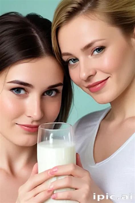 Two Smiling Friends Enjoying Refreshing Milk Together Against a Soft