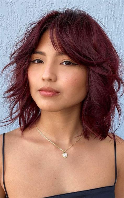 50 Shag Haircuts with Bangs : Burgundy Layered Shaggy Bob