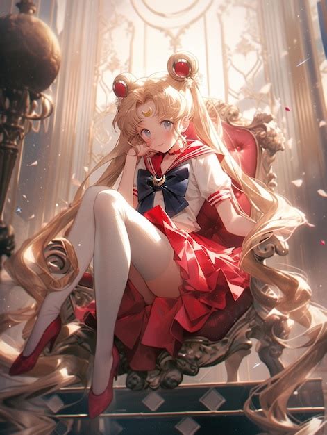 Premium AI Image | Anime girl sitting on a chair with a red dress and ...