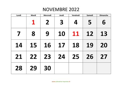 Calendrier Novembre 2022 à imprimer