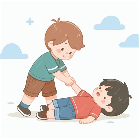 Vector de un niño ayudando a su amigo que cayó al suelo | Vector Premium