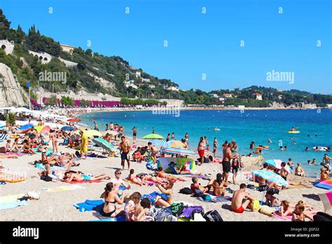 villefranche sur mer france july   crowded summer beach