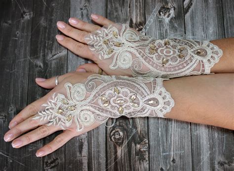 Bridal Gloves Gold Champagne Bead Embroidered Fingerless Lace | Etsy