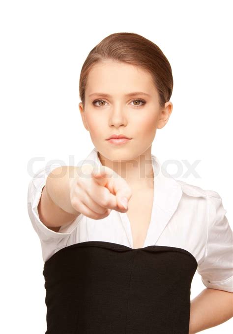 picture  attractive young businesswoman pointing  finger stock