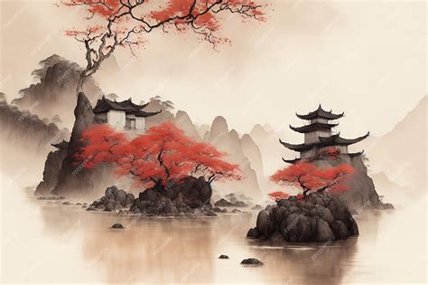 Premium Photo | A painting of a japanese landscape with a red tree in ...