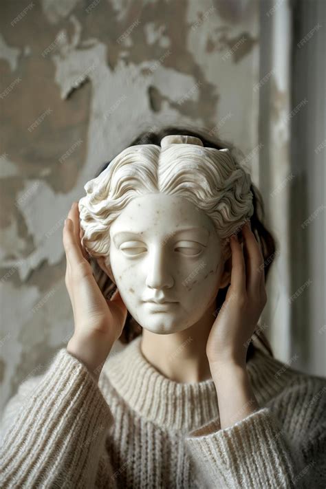 Woman hiding her face behind Greek goddess head Beauty standards