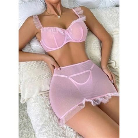 Intimates & Sleepwear | Baby Pink Mesh Ruffle Trim Underwire Lingerie