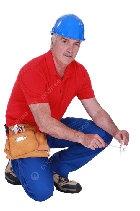 Mature Craftsman Squatting Squatting, Working, Tinkering, Contractor
