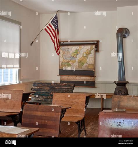 Interior view of a restored antique, one room schoolhouse, showing wall ...