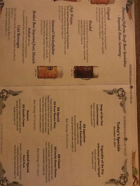 Menu at Hofbrauhaus Las Vegas pub & bar, Las Vegas, Paradise Rd