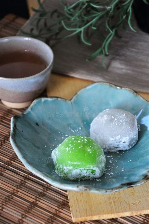 Japanese Dessert Daifuku with Japanese Tea on Wooden Background Stock ...
