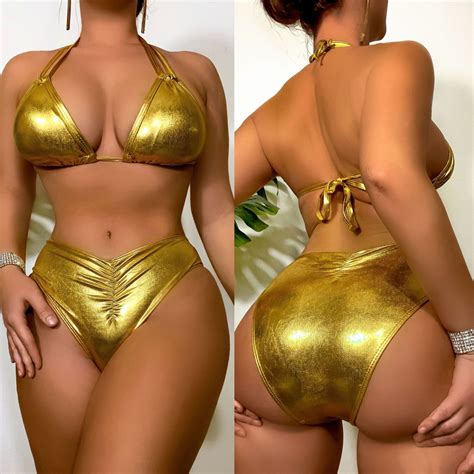 Gold Lace up Swimsuit Skinny Backless Beach Two Piece Bikini Swimwear