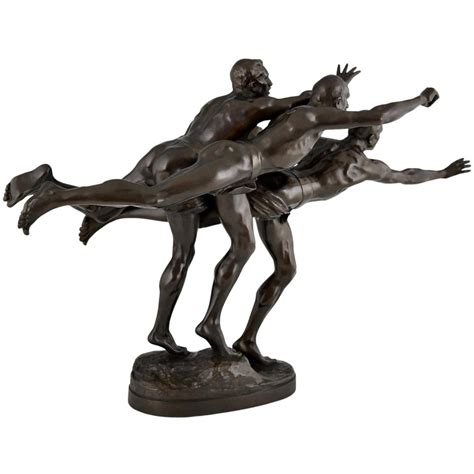Au But Antique Bronze Sculpture 3 Nude Runners by Alfred Boucher France