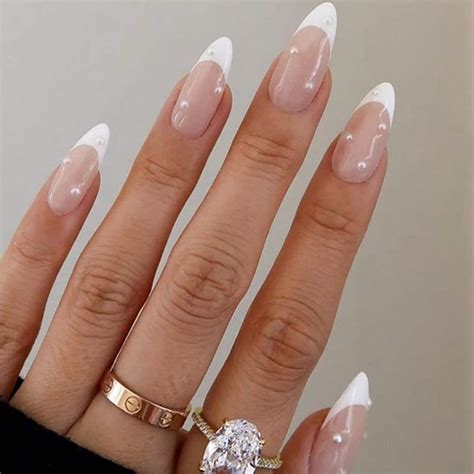 Canvalite French Tip Press On Nails Medium - Pearl Almond Short Glue On ...