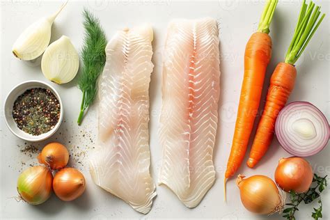 AI generated A selection of raw ingredients for making gefilte fish ...
