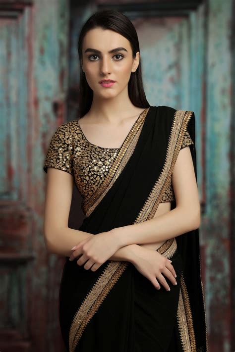 plain black saree  golden blouse black  golden sarees  woman
