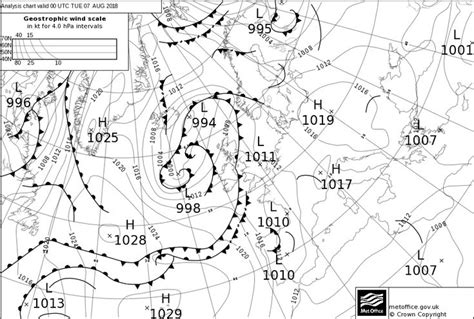 Surface pressure chart - Analysis - Issued at: 01:00 on Tue 7 Aug 2018 ...