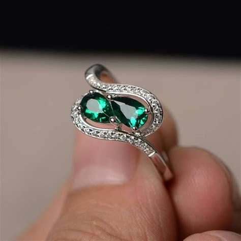 Emerald Silver Rings Anniversary Rings Sterling Silver Rings Pear Cut ...