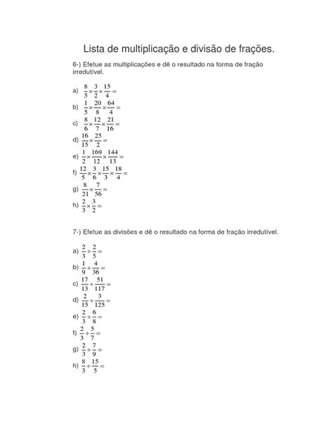 Lista De Exercicios Frações - Lista de Exercicios Fracoes | Fração (Matemática) | Matemática