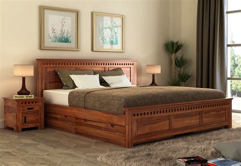 buy adolph bed  side storage queen size honey finish