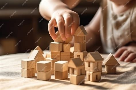 Premium Photo | A child building a wooden house with wooden blocks.