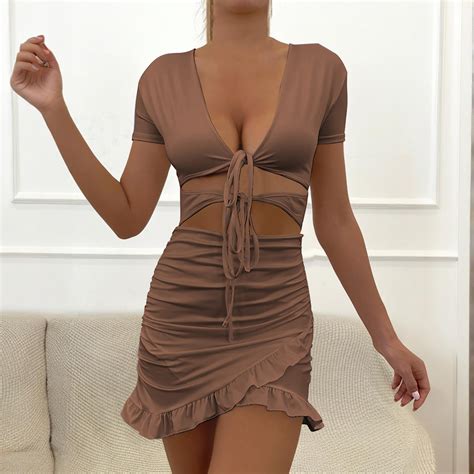 SMihono 2025 Women's Deep V-Neck Hollowed Out Ruffled Package Hip Sexy