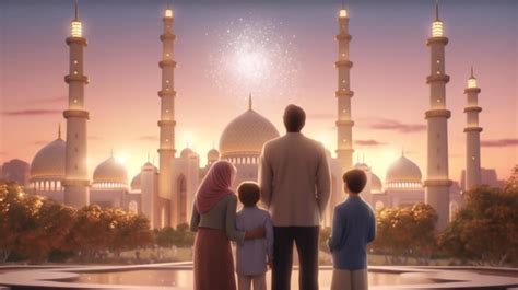 Premium AI Image | Ramadan Kareem greeting Family looking at mosque