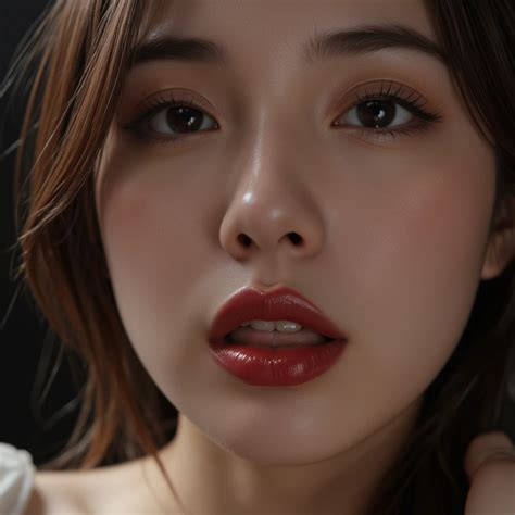 extreme closeup shot  asian womans lipspale skinglossy burgundy