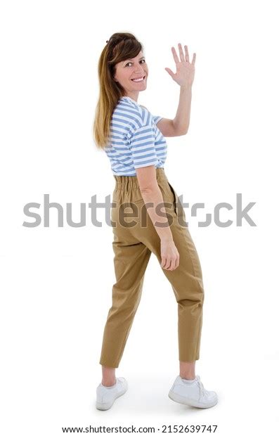 woman  view waving goodbye full stock  images