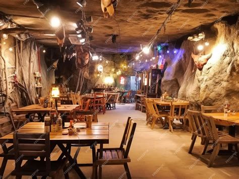 Premium AI Image | A restaurant with a cave in the background