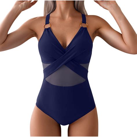 Bigersell Mesh One-Piece Swimsuit Women Wrap Front Bathing Suit V-Neck