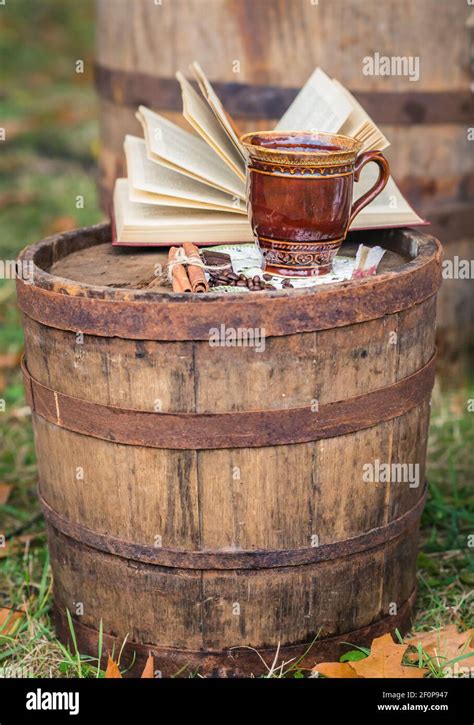 Still life on the old oak barrel autumn Stock Photo - Alamy